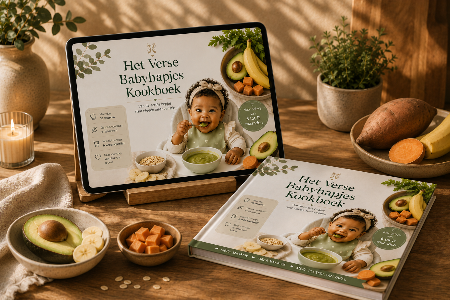 Het Verse Babyhapjes Kookboek op laptop, tablet, telefoon en als fysiek boek